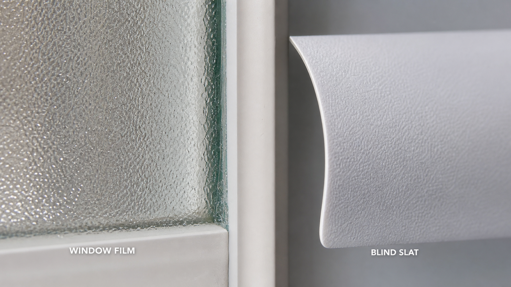 Close-up comparison of window film surface texture versus horizontal blind slat on a window frame
