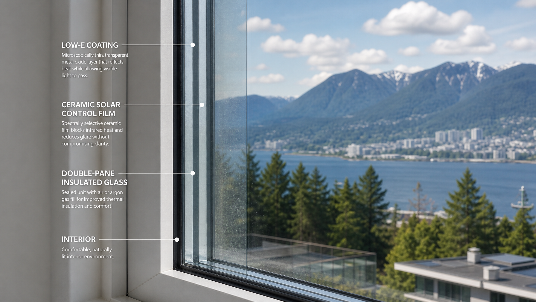 Technical cross section of double pane Low-E glass with ceramic solar control window film installed