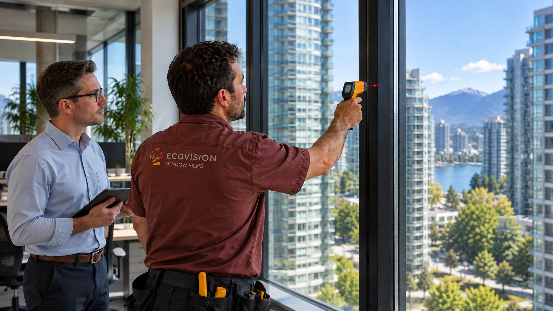 Ecovision installer checking commercial office glass temperature with IR thermometer after energy-efficient film