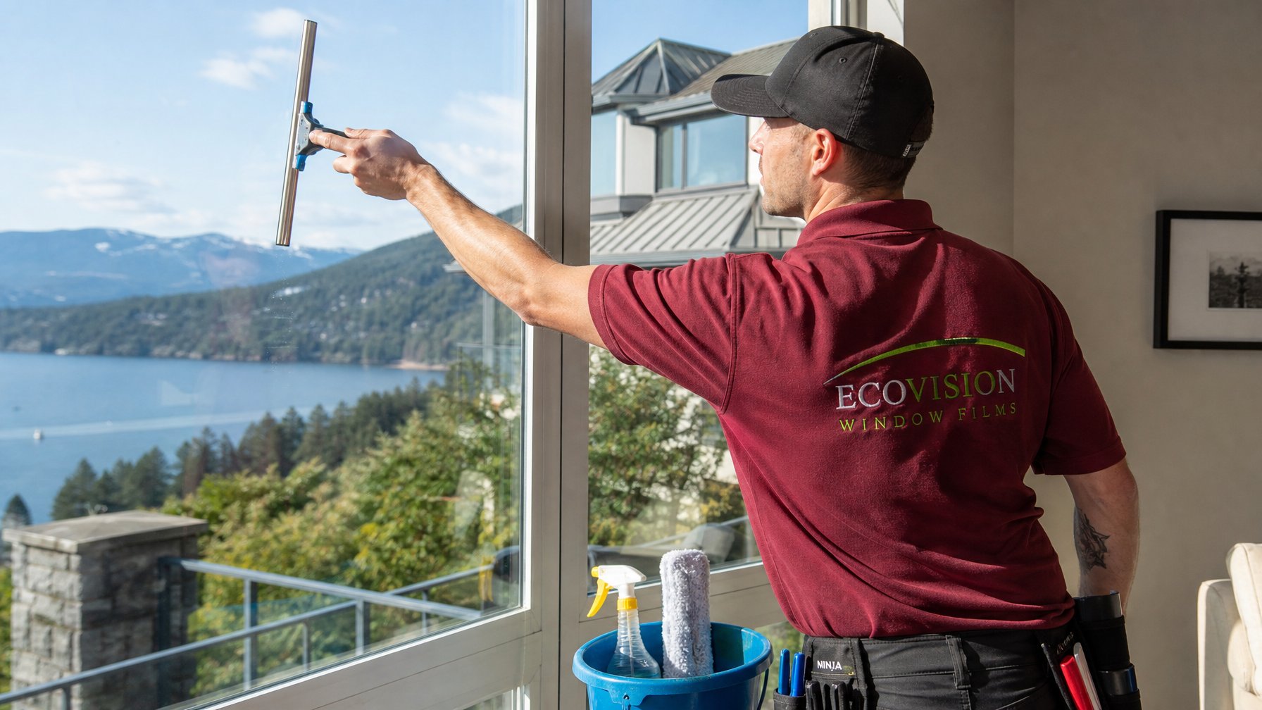 Ecovision installer in brick-red branded shirt cleaning glass with squeegee after removing old solar film in a Vancouver home, North Shore mountains visible through clear glass