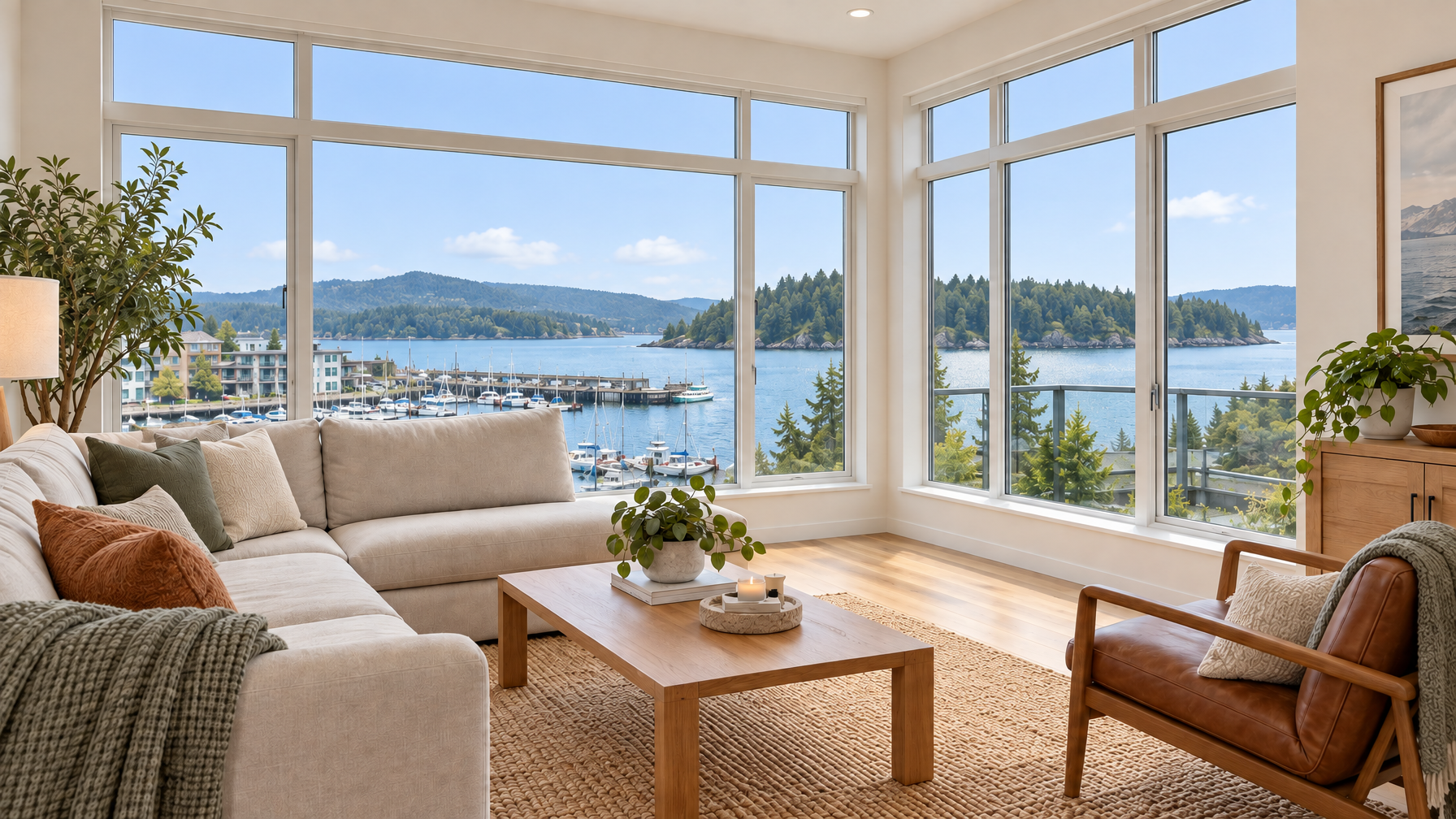 Bright living room with large windows after clear solar film install