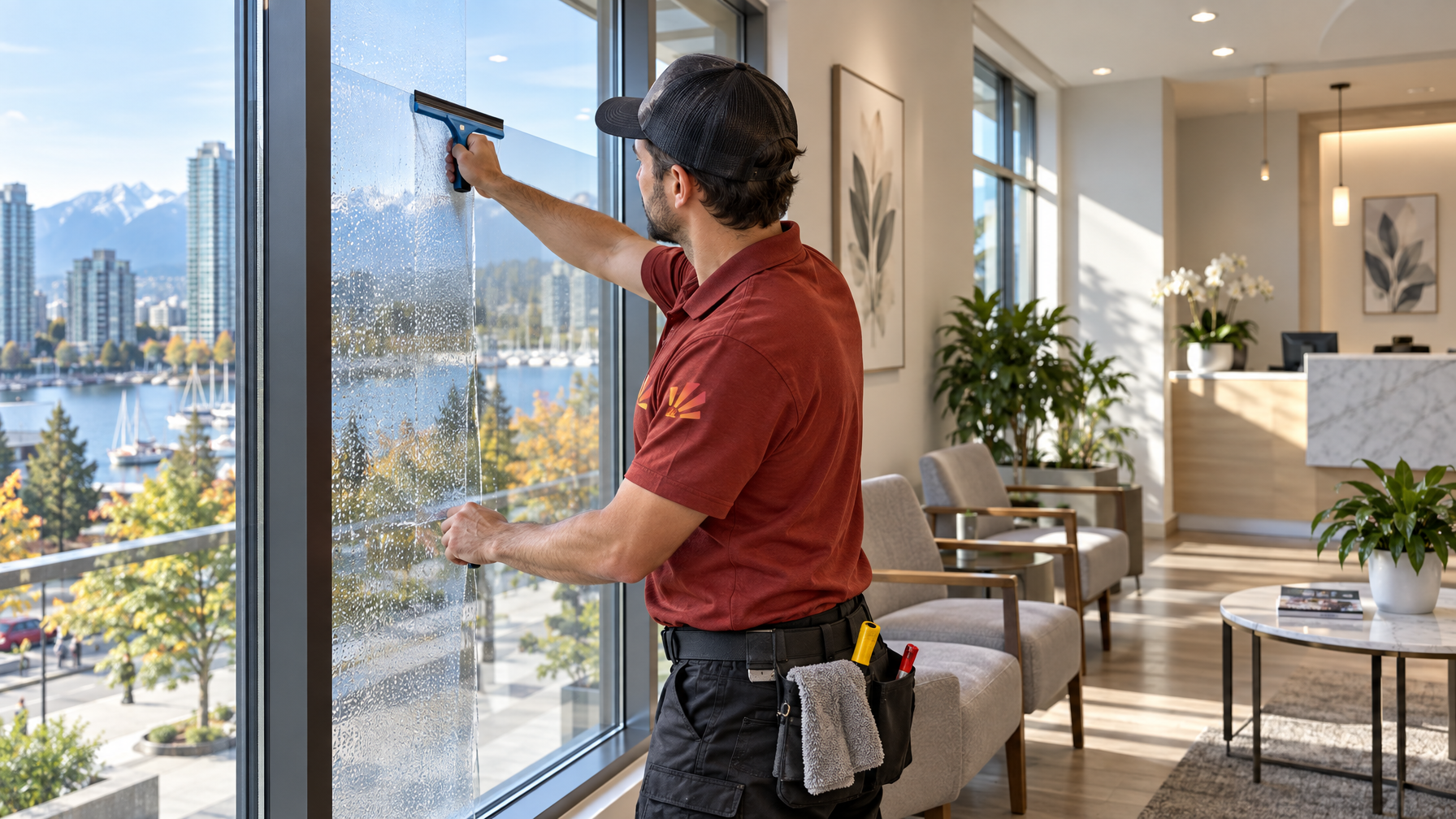 Ecovision installer in a brick-red shirt applying architectural window film to Vancouver dental clinic glass