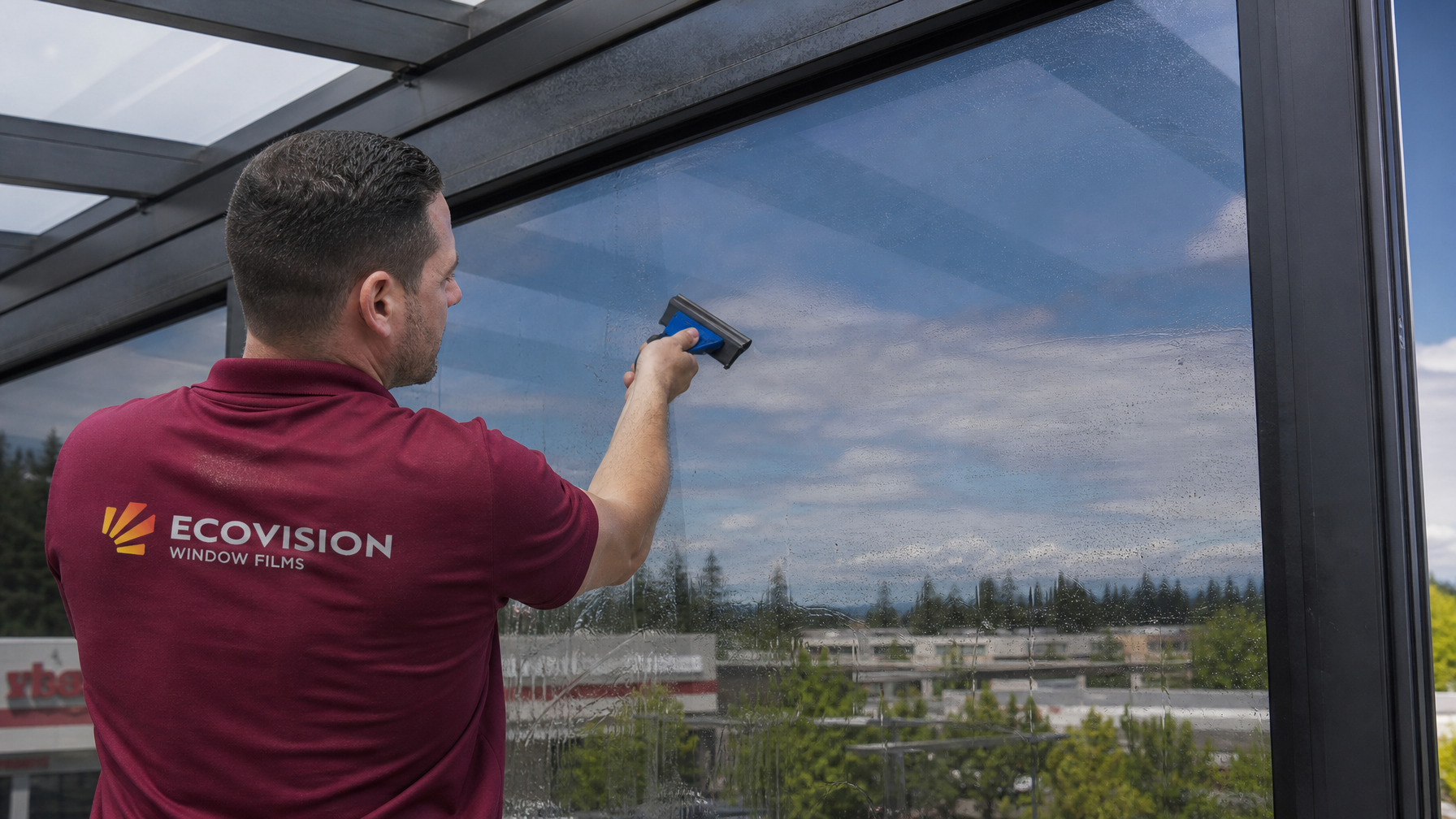 Close-up of Ecovision installer applying LLumar solar control film to a glass panel on an outdoor covered patio in Metro Vancouver