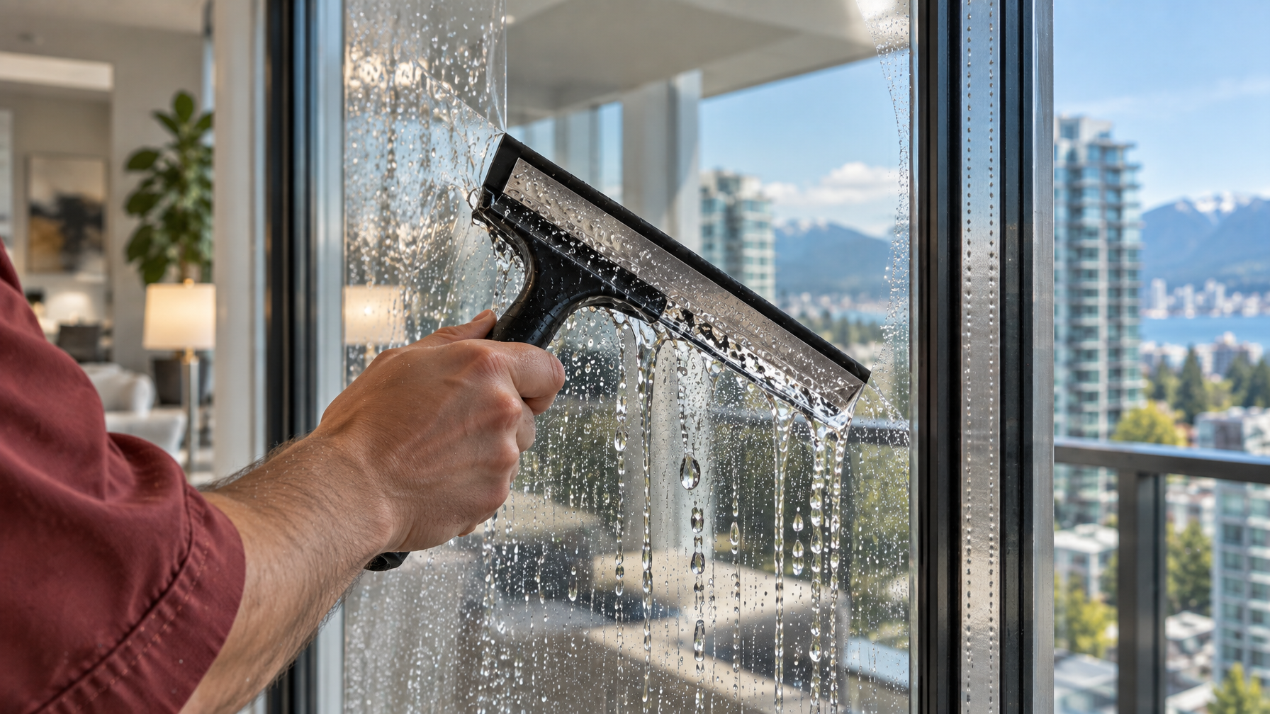 Close-up of wet squeegee pass on clear architectural film on dual-pane glass