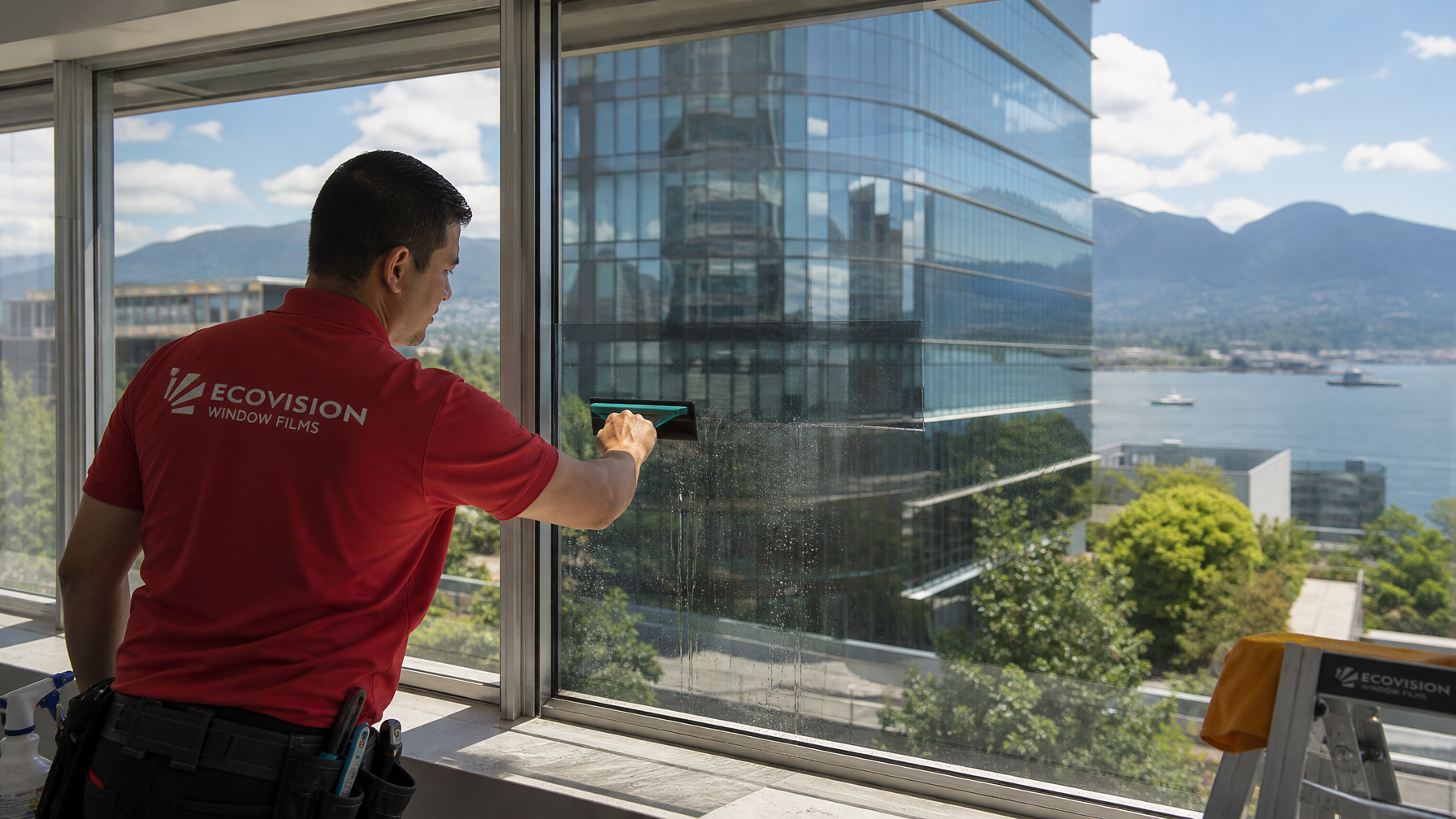 Ecovision installer in brick-red shirt applying solar control window film to a south-facing commercial window in Vancouver