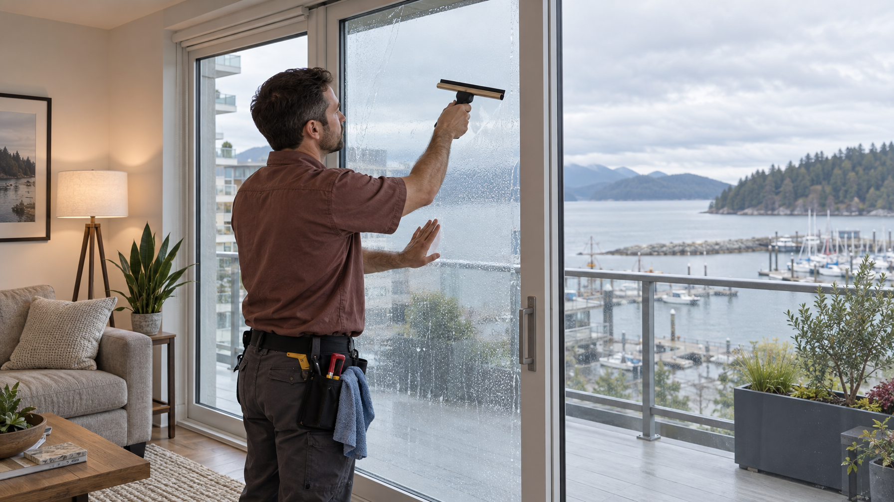 Ecovision installer in a brick-red shirt applying architectural window film on Nanaimo condo glass