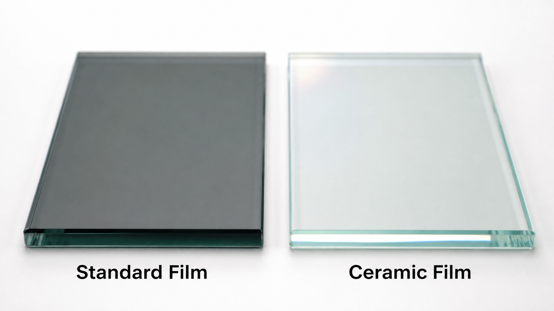 Side-by-side comparison of standard dyed window film sample versus ceramic window film sample showing clarity and heat rejection difference