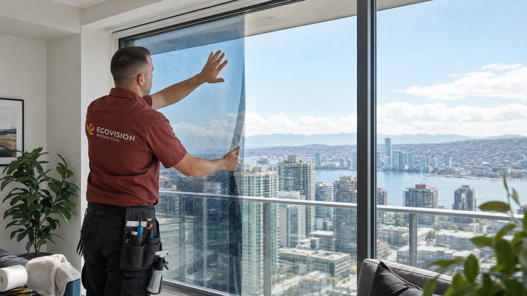 Ecovision Window Films installer in brick-red shirt applying solar film to condo window in Vancouver