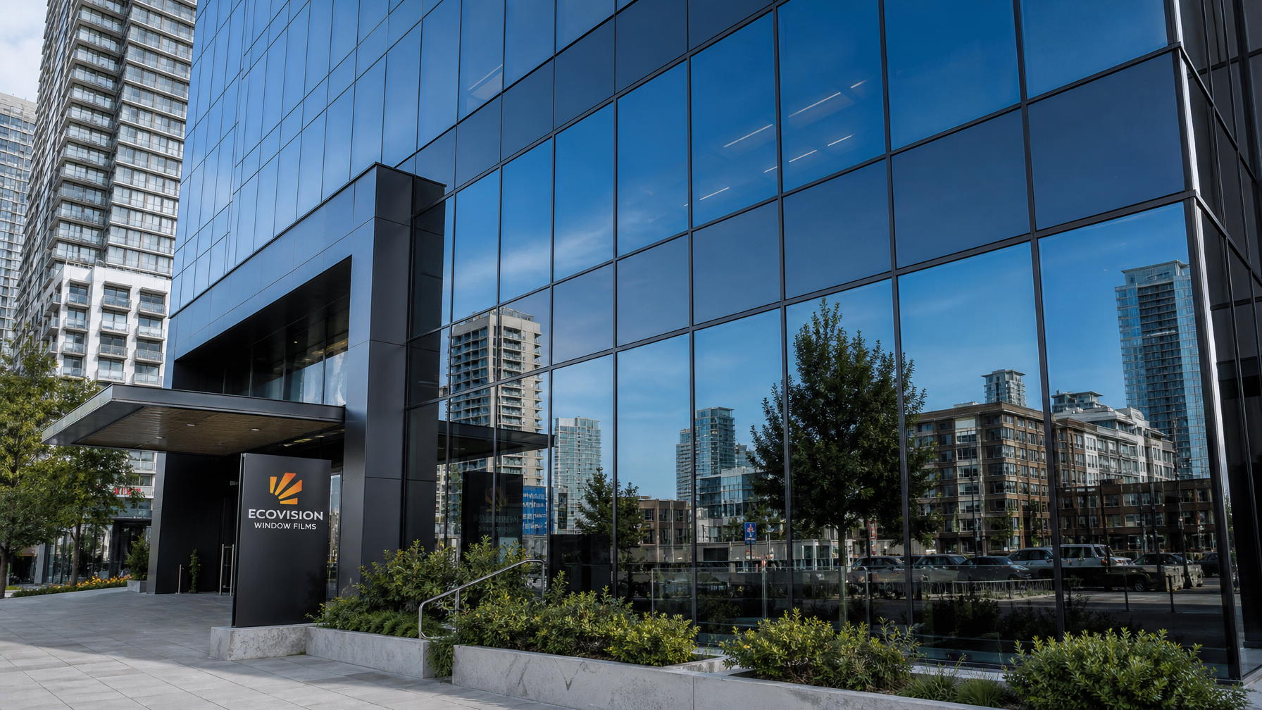 Modern Vancouver BC commercial office building exterior with mirrored reflective window film showing one-way mirror effect against city skyline