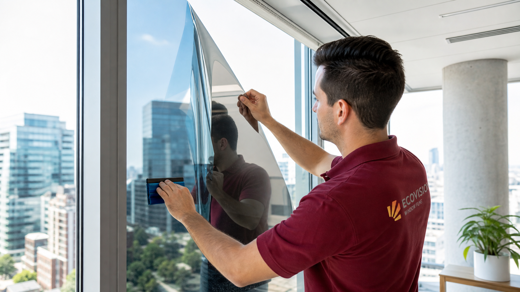 Ecovision installer in brick-red shirt applying reflective metallic privacy film to a large office window in Vancouver BC