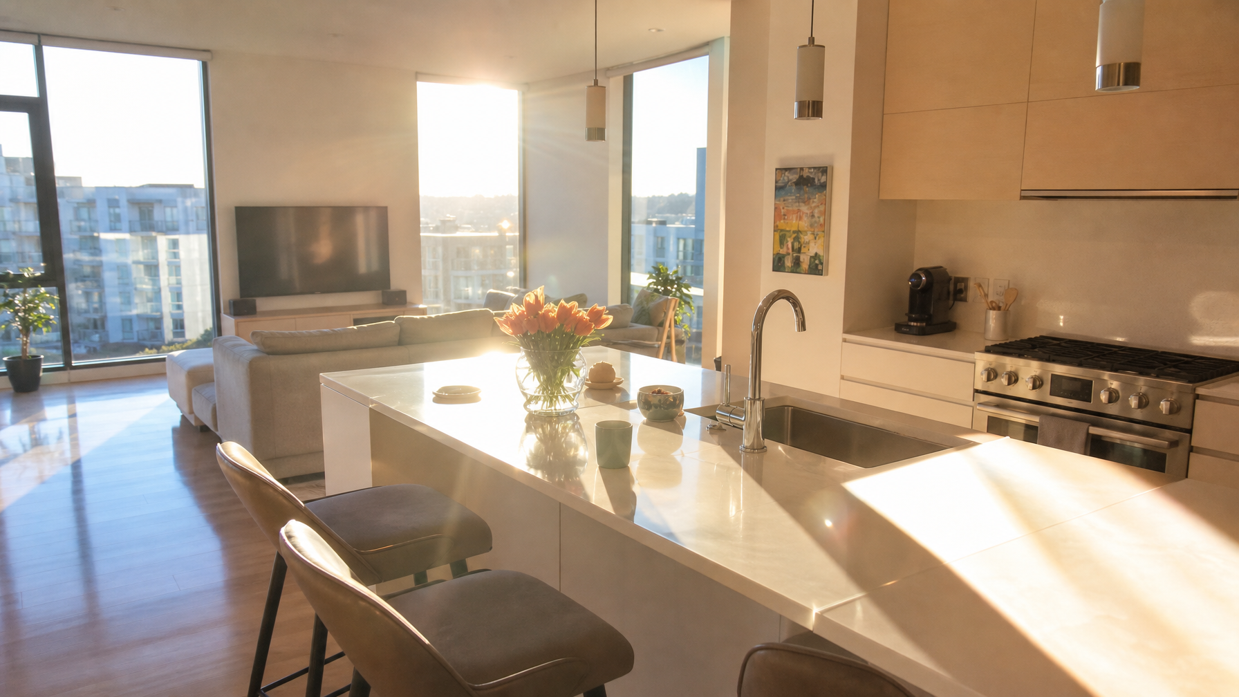 Harsh afternoon sun glare streaming through large floor-to-ceiling kitchen windows in a Vancouver home