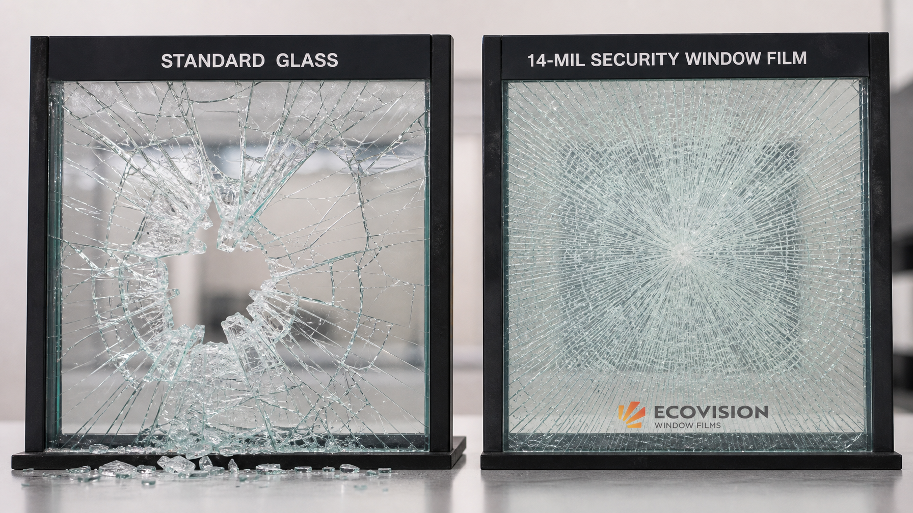 Side-by-side comparison of standard glass versus security film glass after impact test