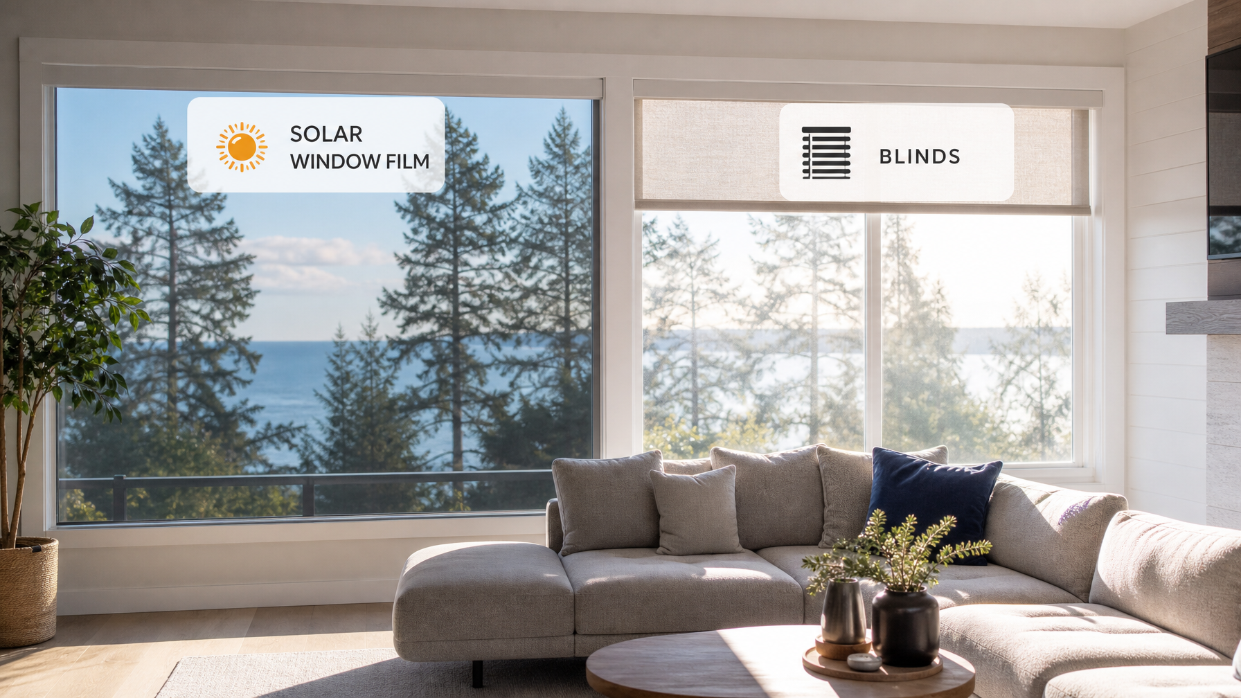 BC home interior showing window film installed on one window and blinds on another for comparison