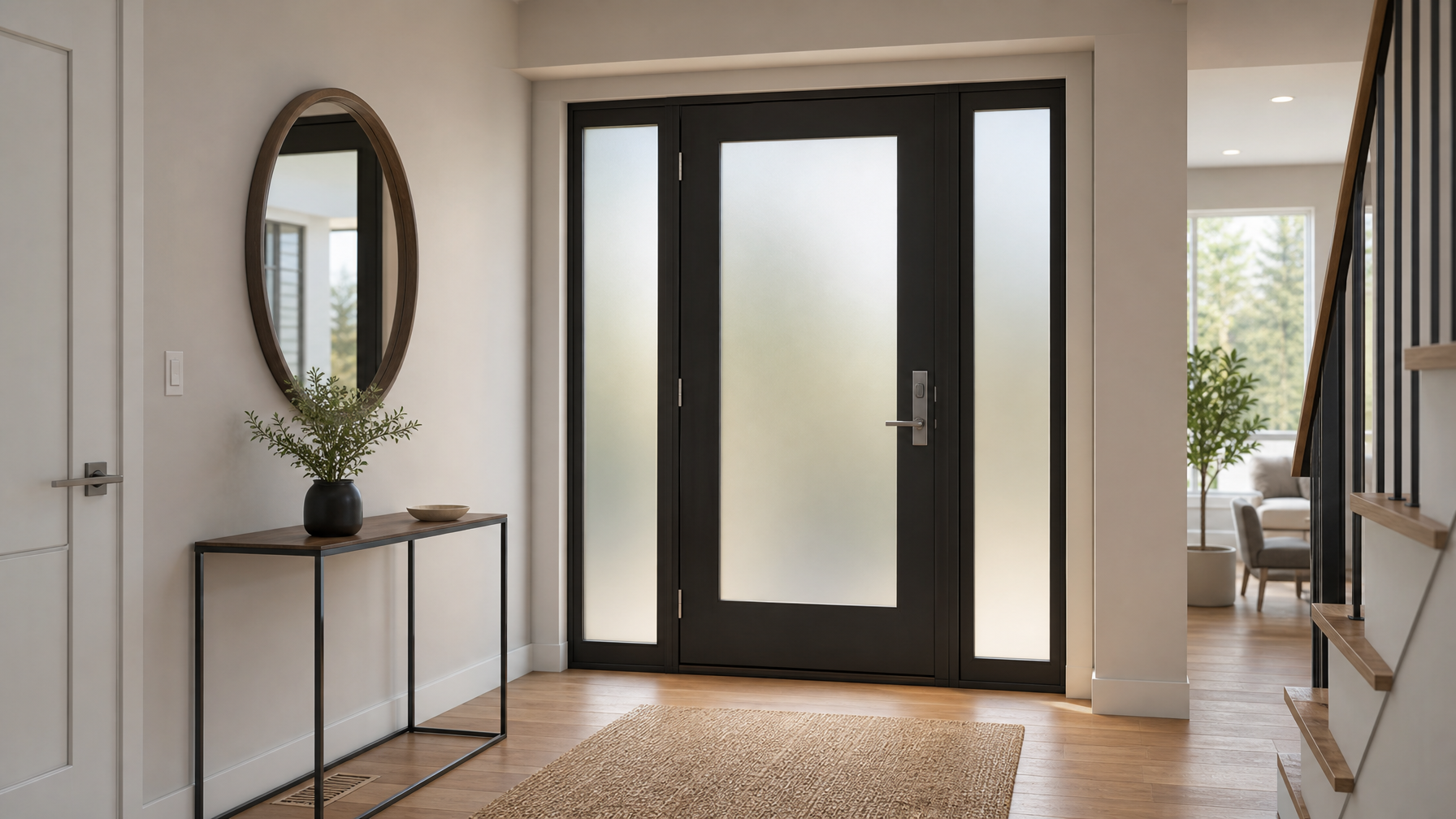 Modern Vancouver home entryway with professionally installed frosted window film on front door sidelights and glass panels showing warm diffused natural light