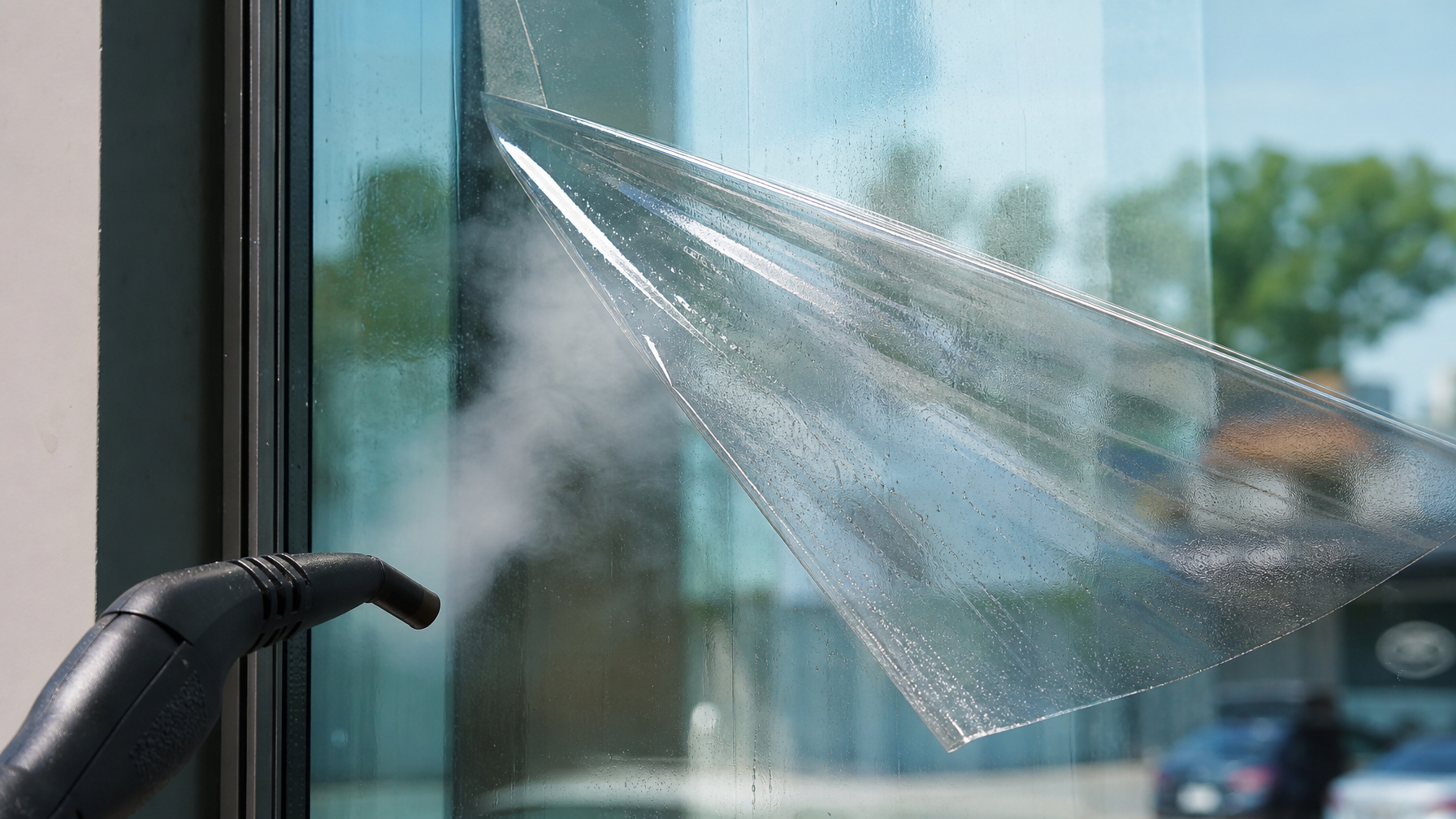 Close-up of window film being peeled from glass with steam, showing the adhesive separation
