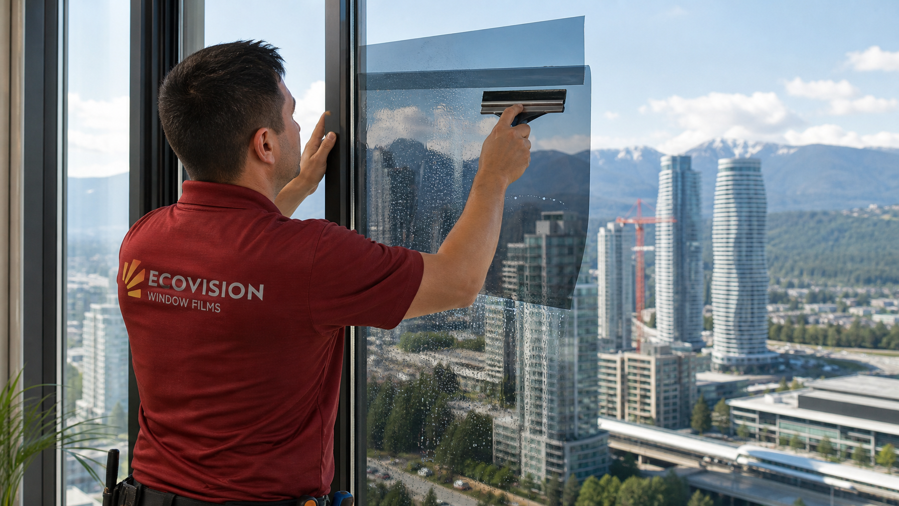 Ecovision Window Films installer in brick-red branded shirt applying window tinting film to a Burnaby BC high-rise condo window with Metrotown skyline in background