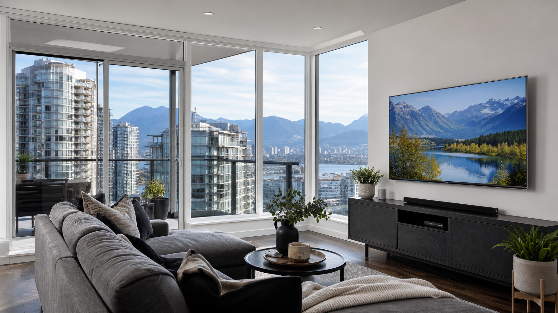 Vancouver condo living room after solar film installation on southwest-facing windows. Soft diffused afternoon light, TV screen visible with no glare, room comfortable and cool, glass still looks clear