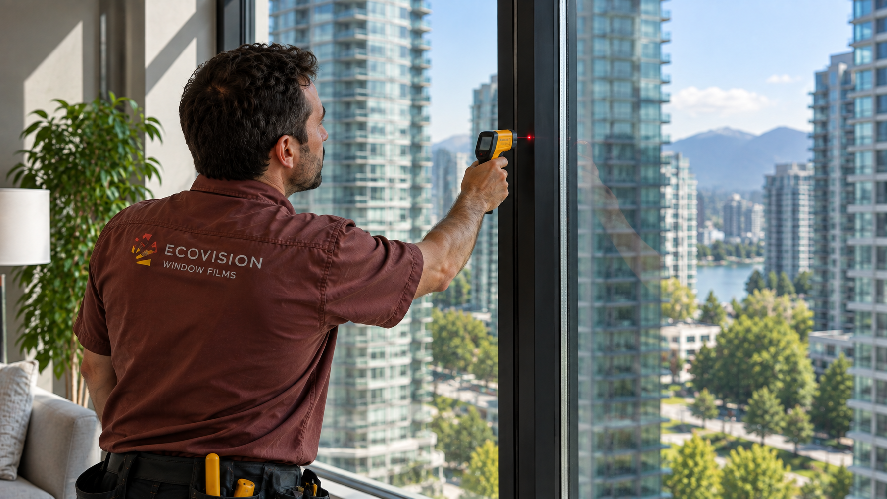 Ecovision installer checking glass surface temperature with IR thermometer after solar film