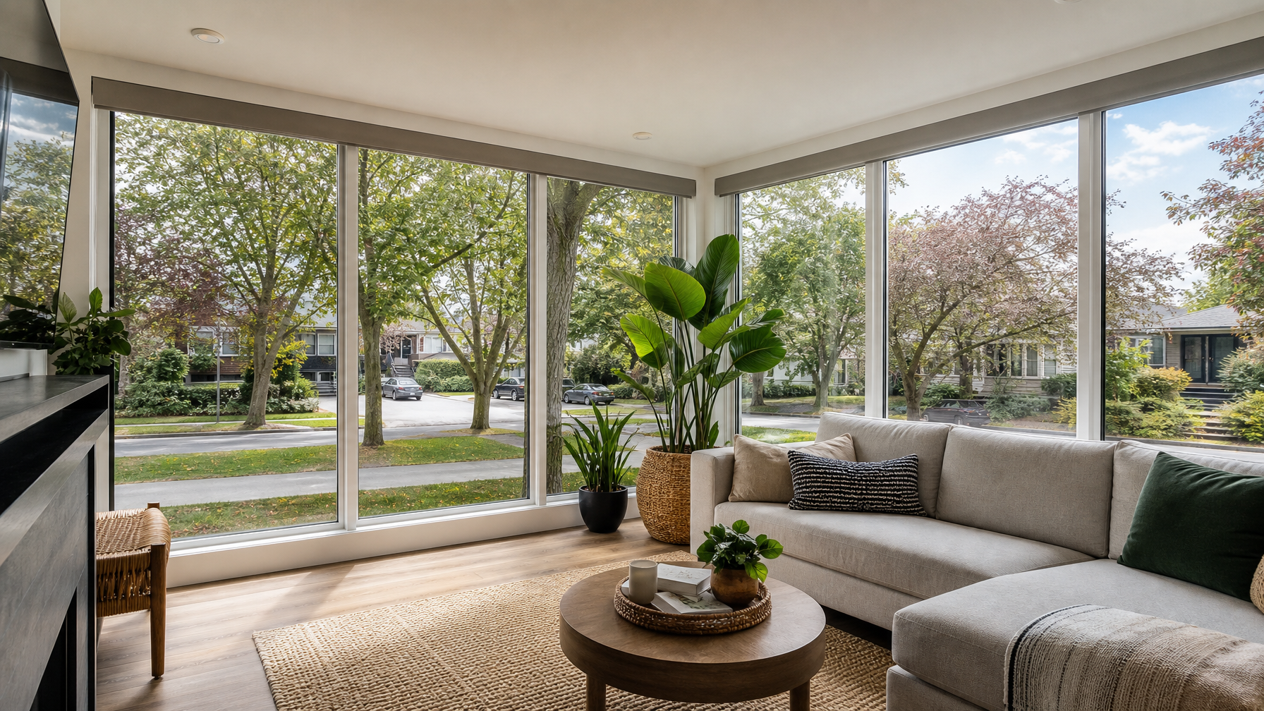 Bright glare-free living room in a Vancouver home treated with ceramic window film showing comfort and natural light without heat