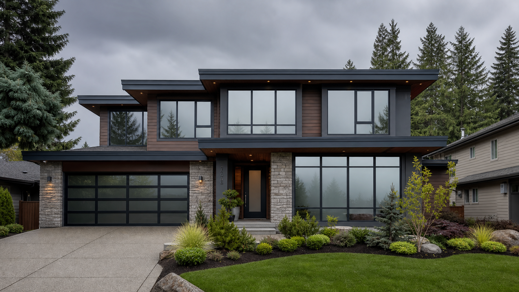 Modern British Columbia residential home with privacy window film applied to large windows, Vancouver-style architecture with Pacific Northwest landscaping