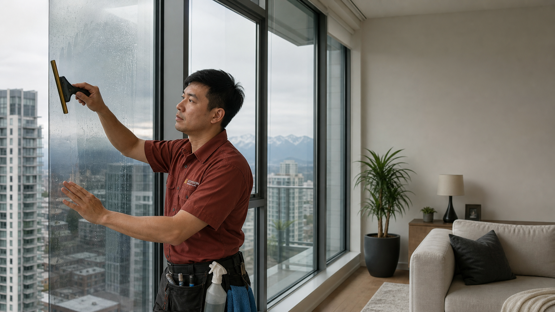 Ecovision installer in a brick-red shirt applying dual-reflective window film on Vancouver condo glass