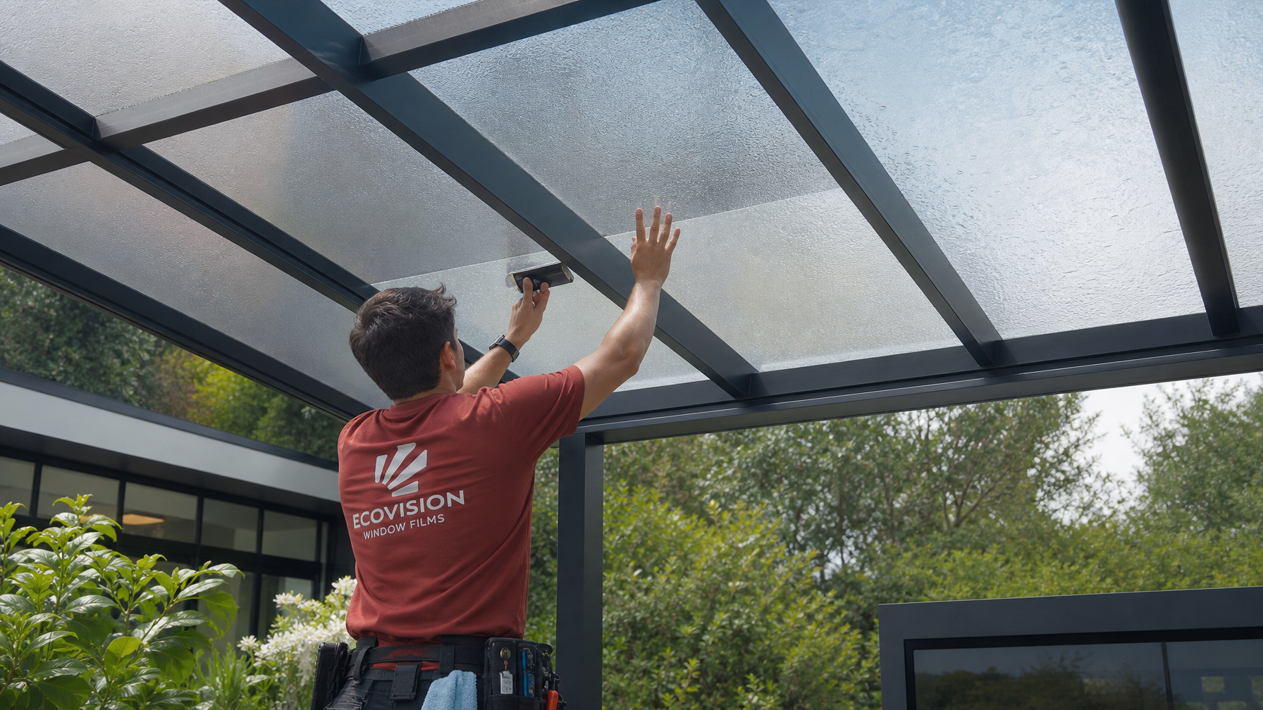 Ecovision installer in brick-red shirt applying solar control window film to a glass pergola panel at a Vancouver commercial showroom