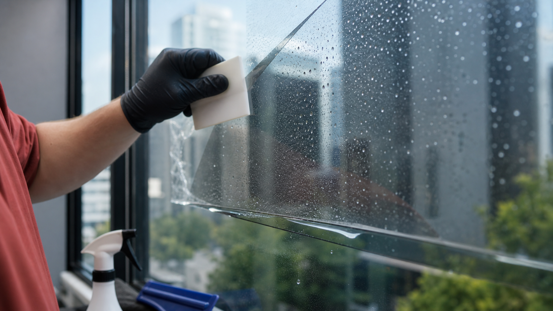 Close-up of temporary moisture bubbles and water pocket under architectural window film during cure with squeegee tools