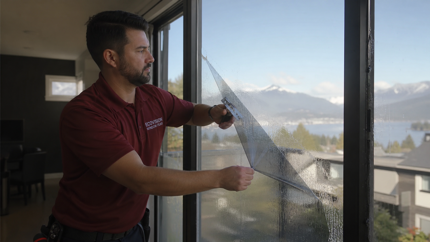 Ecovision installer in brick-red branded shirt peeling old solar window film from a Vancouver residential window using a scraper tool