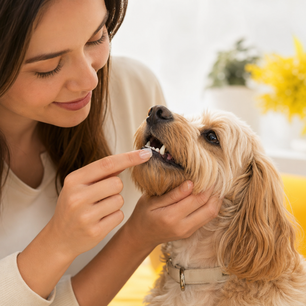 A person gently applying ozone gel to a calm small dog's gum line using a fingertip in a bright studio setting with warm natural light.