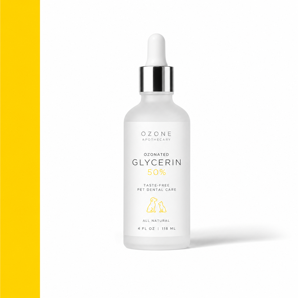 The Ozonated Glycerin 50% by Ozone Apothecary — a frosted glass dropper bottle on a white surface with a bold yellow accent, representing clean and premium all-natural pet dental care.