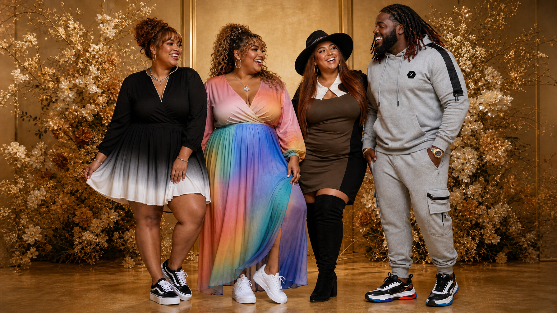 The full squad — four diverse plus size people in stunning outfits from Life Gets Better