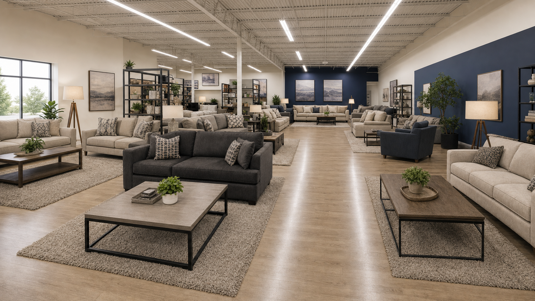 Independent furniture showroom floor with sofas and living room vignettes