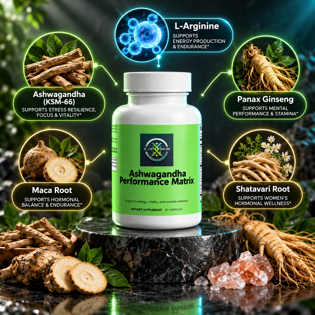 Optimized Ashwagandha Performance Matrix with Labeled Ingredient Callouts