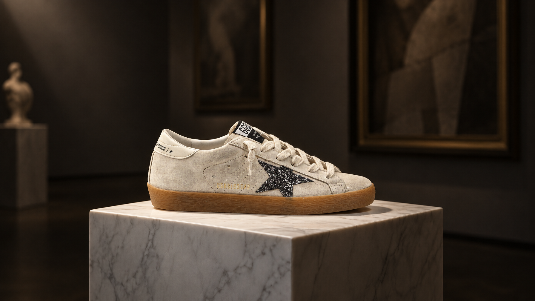 Golden Goose Super-Star on marble pedestal