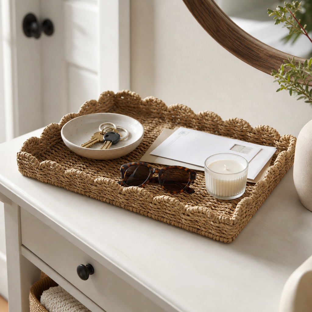 Wicker tray on entryway console table as a catch-all for keys and sunglasses