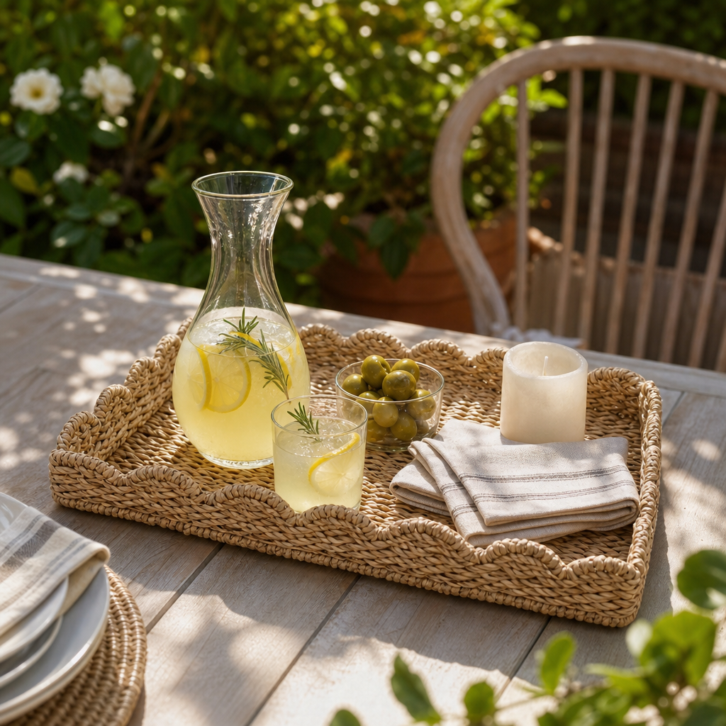 Wicker tray on outdoor garden table for alfresco entertaining