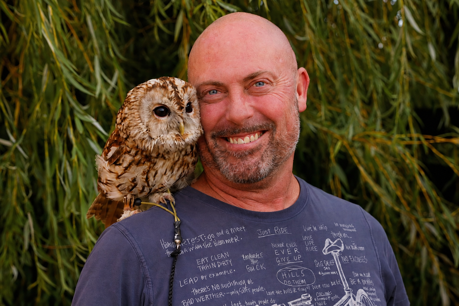 Smiling bald man with blue eyes and a tawny owl perched on his shoulder against willow leaves, Owls About owl experience, North Norfolk, UK