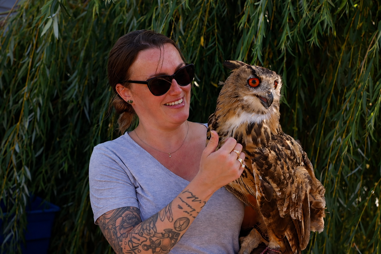 Smiling woman with sunglasses and arm tattoos holding a large eagle owl close against a willow tree backdrop during an Owls About owl handling session in North Norfolk, UK
