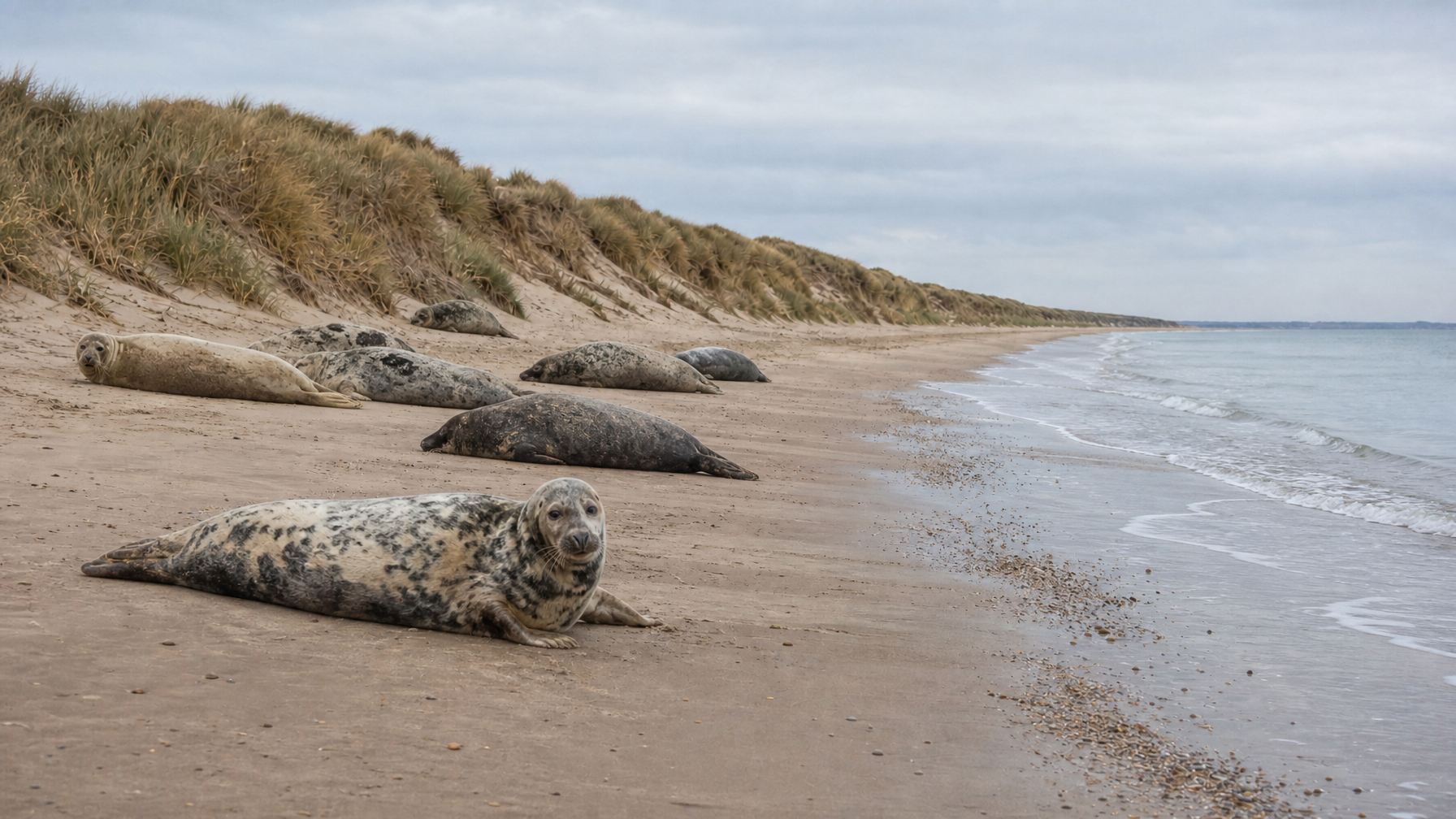 Grey seals hauled out on a North Norfolk sandbank foreshore, UK