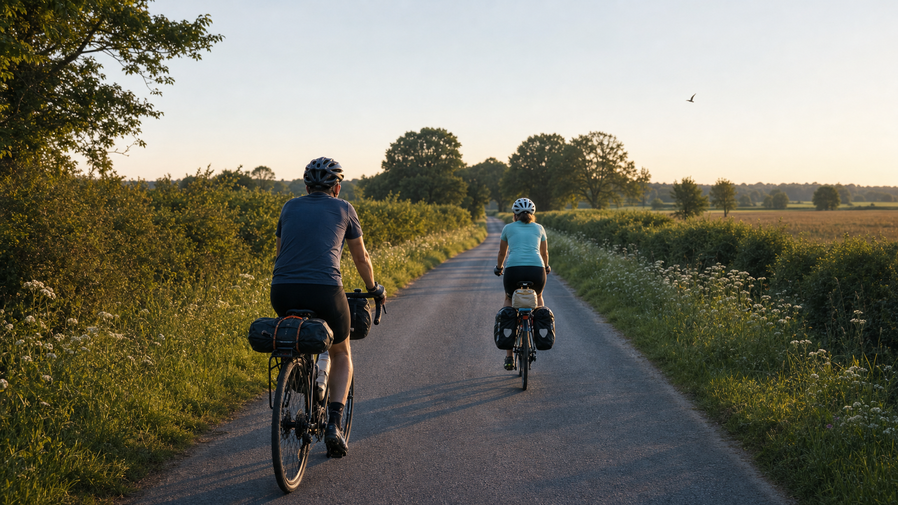 Touring cyclists on a quiet North Norfolk lane, Rebellion Way style cycle touring, UK