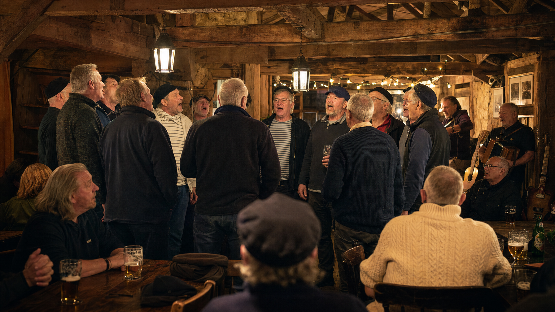 Sea shanty singers in a North Norfolk pub barn, Brancaster Staithe Deepdale festival atmosphere, UK