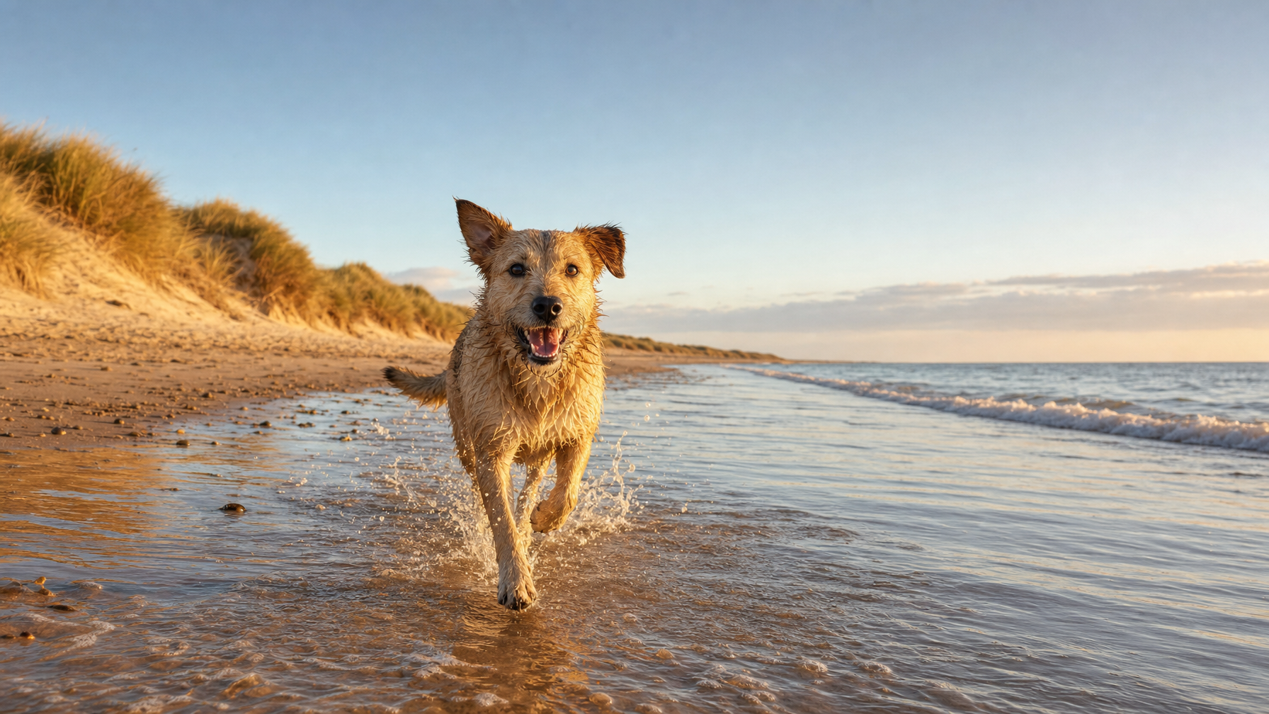 Dog running on a wide North Norfolk beach at golden hour, dunes and sea, dog-friendly Norfolk, UK