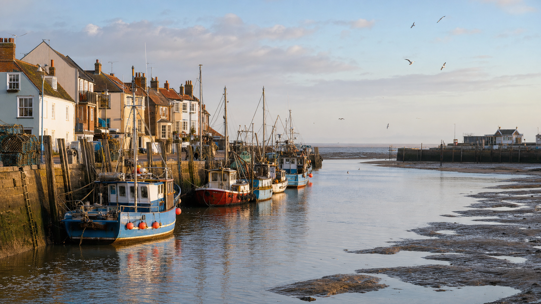 Wells-next-the-Sea harbour boats and quayside, North Norfolk, UK