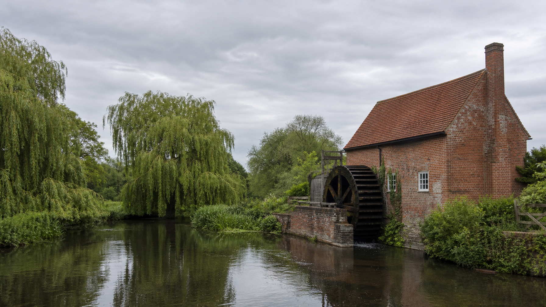 Red-brick watermill beside a quiet river in North Norfolk, UK