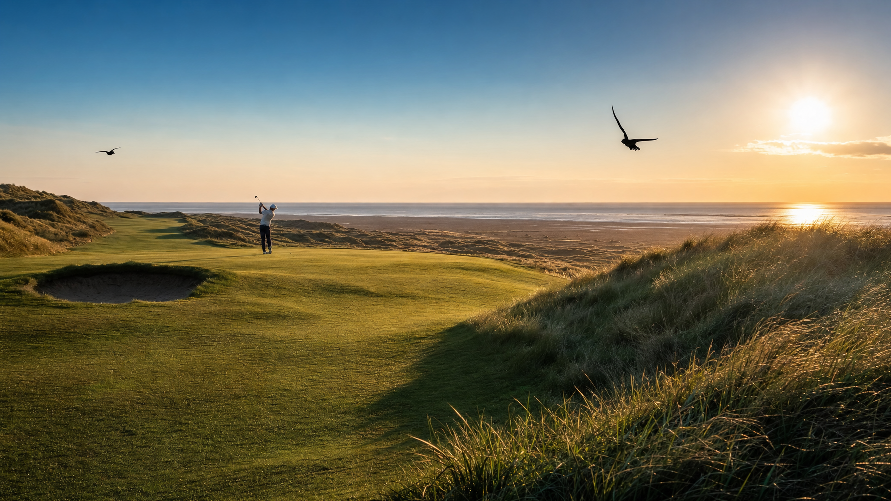 Links golf fairway and dunes overlooking The Wash near Hunstanton, Norfolk, UK