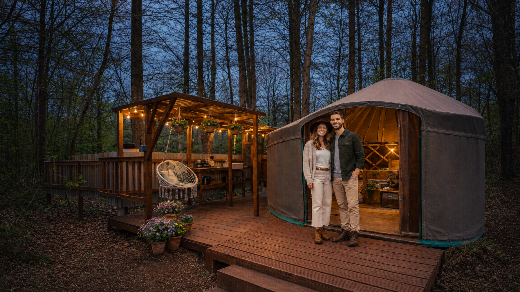 Yurt glamping with wooden deck and outdoor kitchen in woodland near Holt, Norfolk, UK