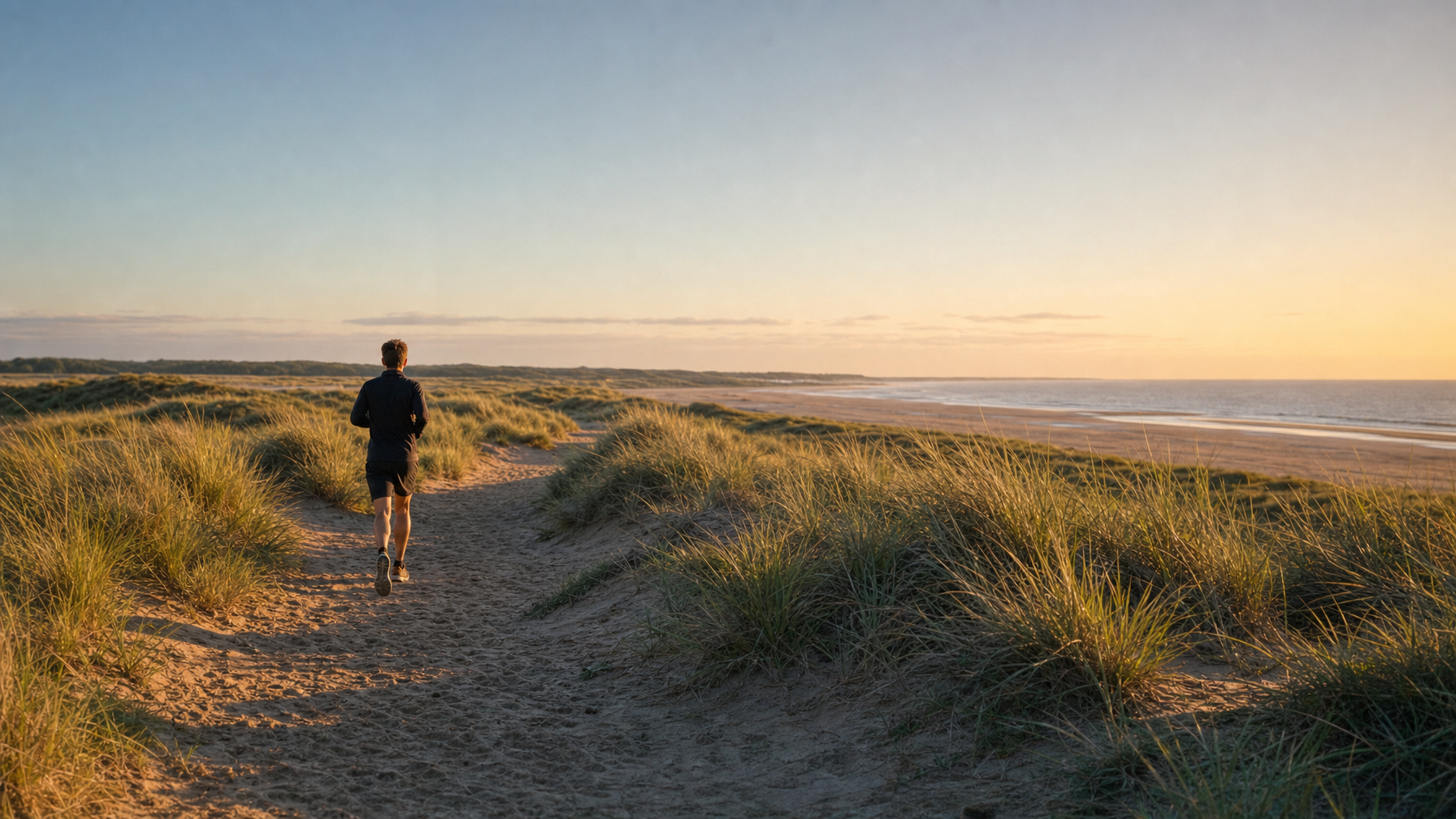 Jogger on the King Charles III England Coast Path dunes near Holme-next-the-Sea, Norfolk, UK