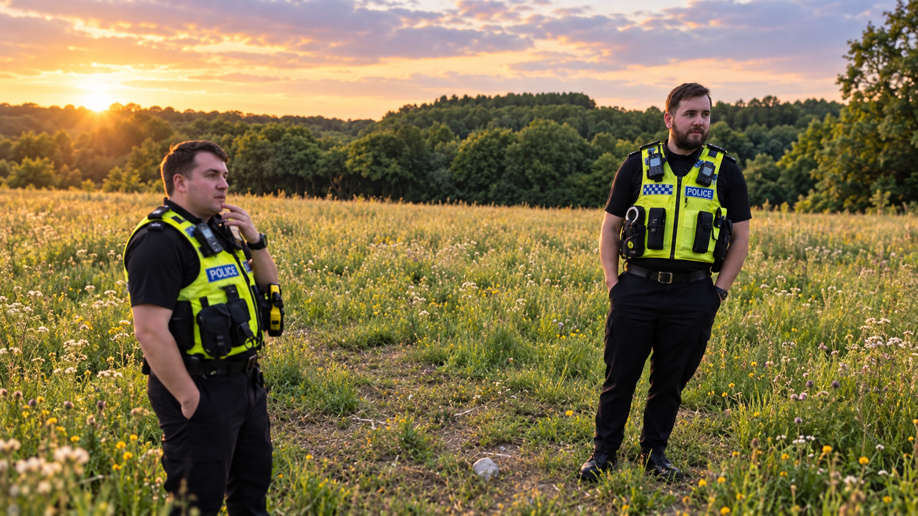 Two UK police officers in hi-visibility yellow vests standing in a rural Norfolk meadow at golden hour, woodland behind them