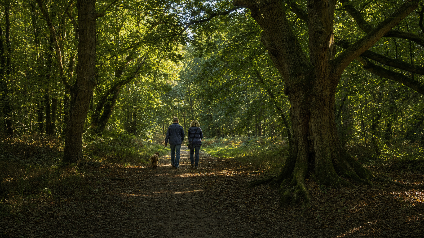 Woodland walking path near Holt Country Park, North Norfolk, UK
