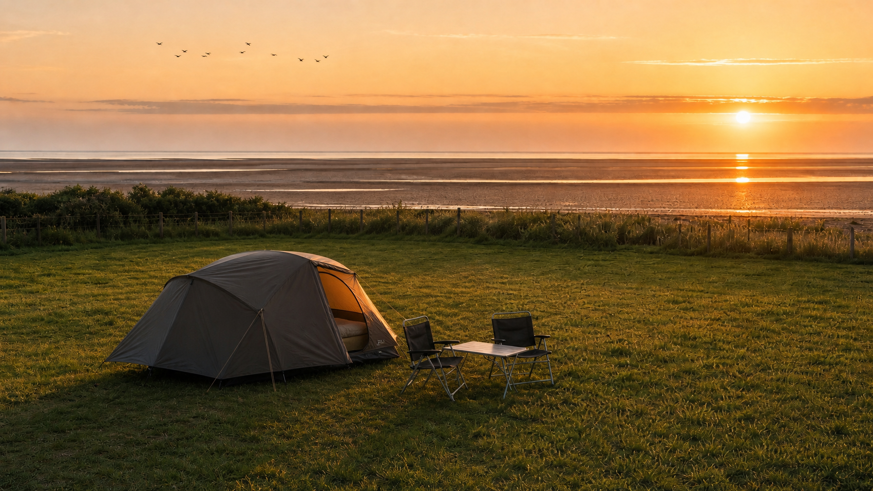 Coastal glamping pitch at golden hour overlooking the North Norfolk Wash landscape, UK